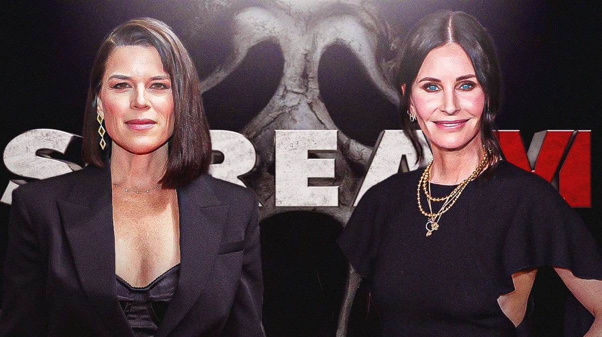 Neve Campbell and Courtney Cox with Scream logo.