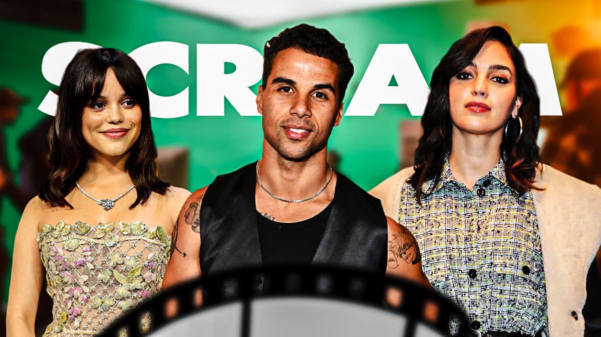 Scream logo with movie set background and Jenna Ortega, Mason Gooding, and Melissa Barrera.