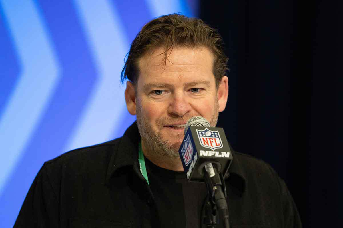 Seattle Seahawks general manager John Schneider talks to the media at the 2024 NFL Combine at Indiana Convention Center