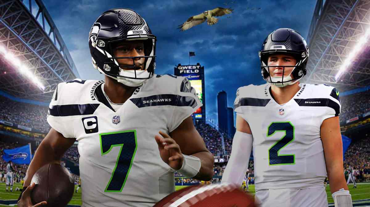 Seahawks, Giants, Geno Smith, Drew Lock, Drew Lock Giants, Geno Smith and Drew Lock with Seahawks stadium in the background
