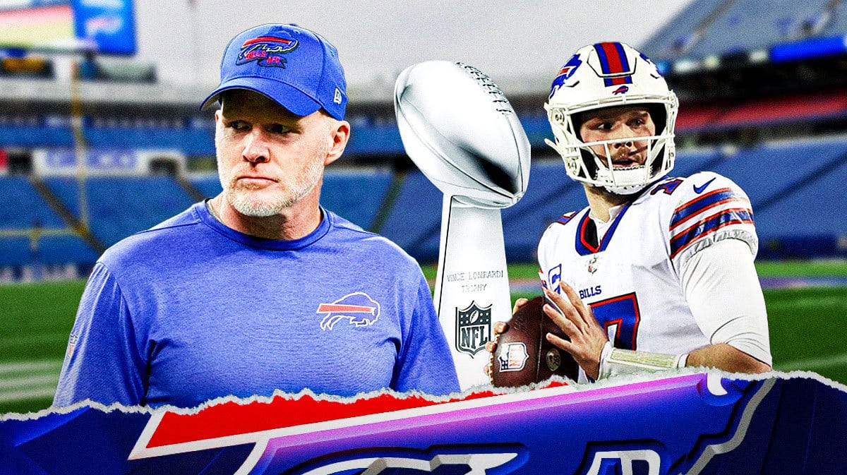 Buffalo Bills head coach Sean McDermott and quarterback Josh Allen with the Lombardi Trophy between them