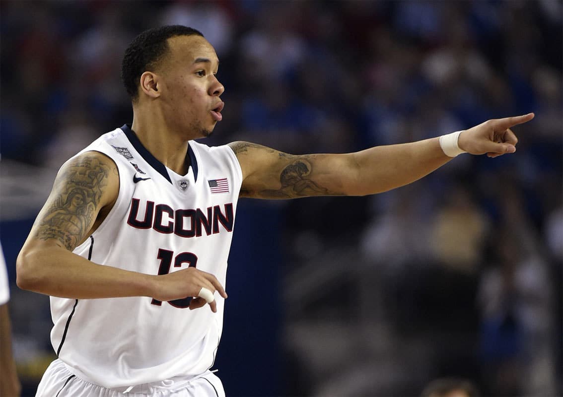 Connecticut Huskies guard Shabazz Napier (13) reacts against the Kentucky Wildcats during the championship game of the Final Four in the 2014 NCAA Mens Division I Championship tournament