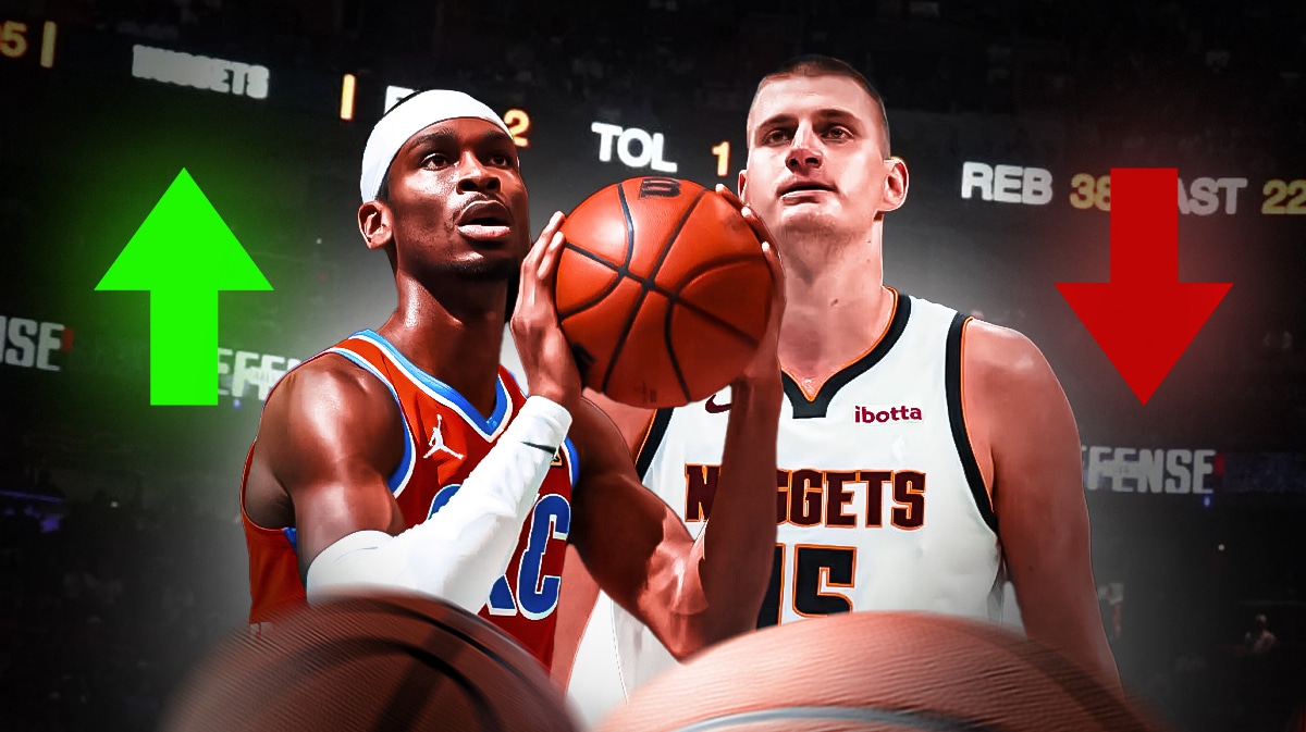 Shai Gilgeous-Alexander with green up arrow and Nikola Jokic with red down arrow