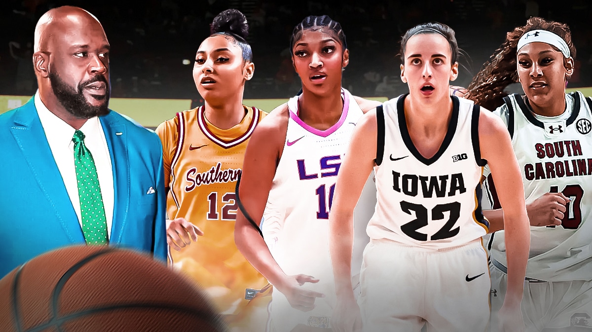 Shaq, USC women’s basketball player JuJu Watkins, LSU women’s basketball player Angel Reese, Iowa women’s basketball player Caitlin Clark, South Carolina women’s basketball player Kamilla Cardoso