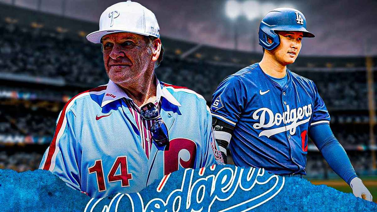 Pete Rose (now, image from 2023 or 2024) with eyes popping out looking at Shohei Ohtani (Dodgers uniform).