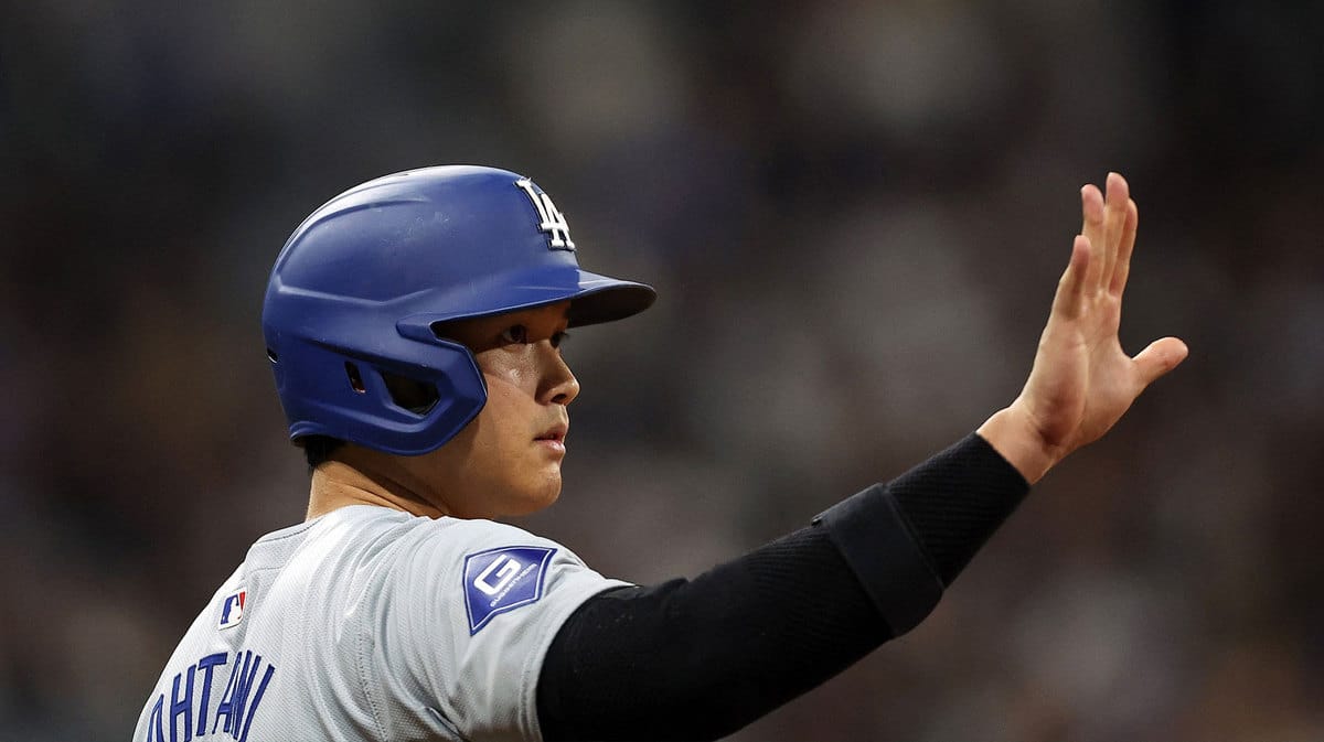 Los Angeles Dodgers player Shohei Ohtani reacts against the San Diego Padres during a MLB regular season Seoul Series game at Gocheok Sky Dome.