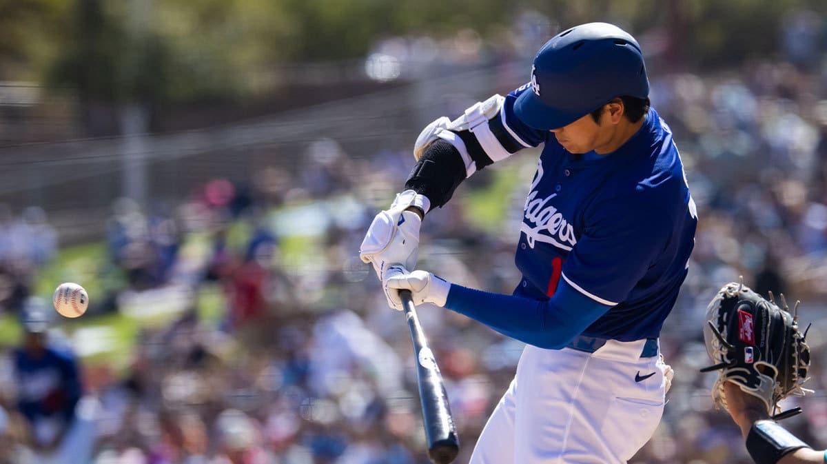 Shohei Ohtani swinging the bat for the Dodgers during spring training in preparation of the Seoul Series