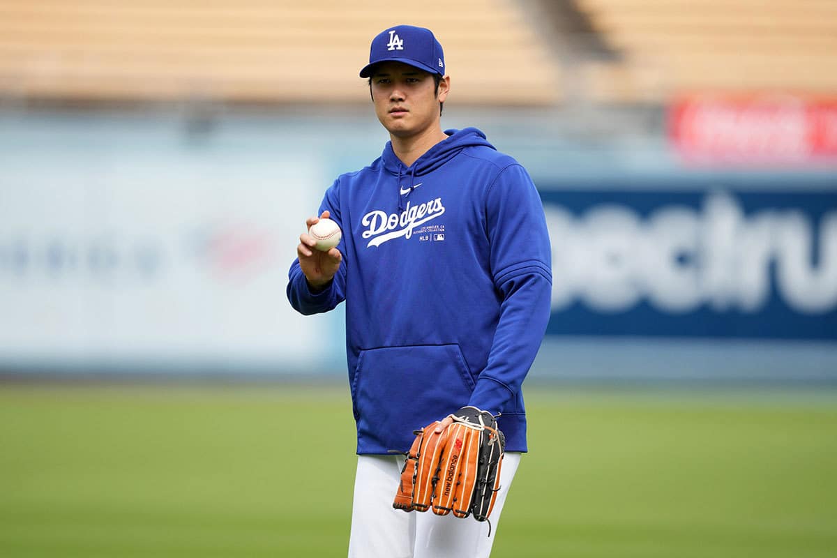 Los Angeles Dodgers designated hitter Shohei Ohtani before the game against the Los Angeles Angels at Dodger Stadium.