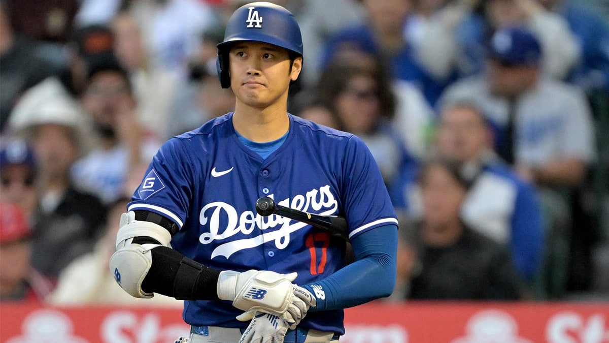 Los Angeles Dodgers designated hitter Shohei Ohtani (17) waits on deck in the third inning against the Los Angeles Angels at Angel Stadium.