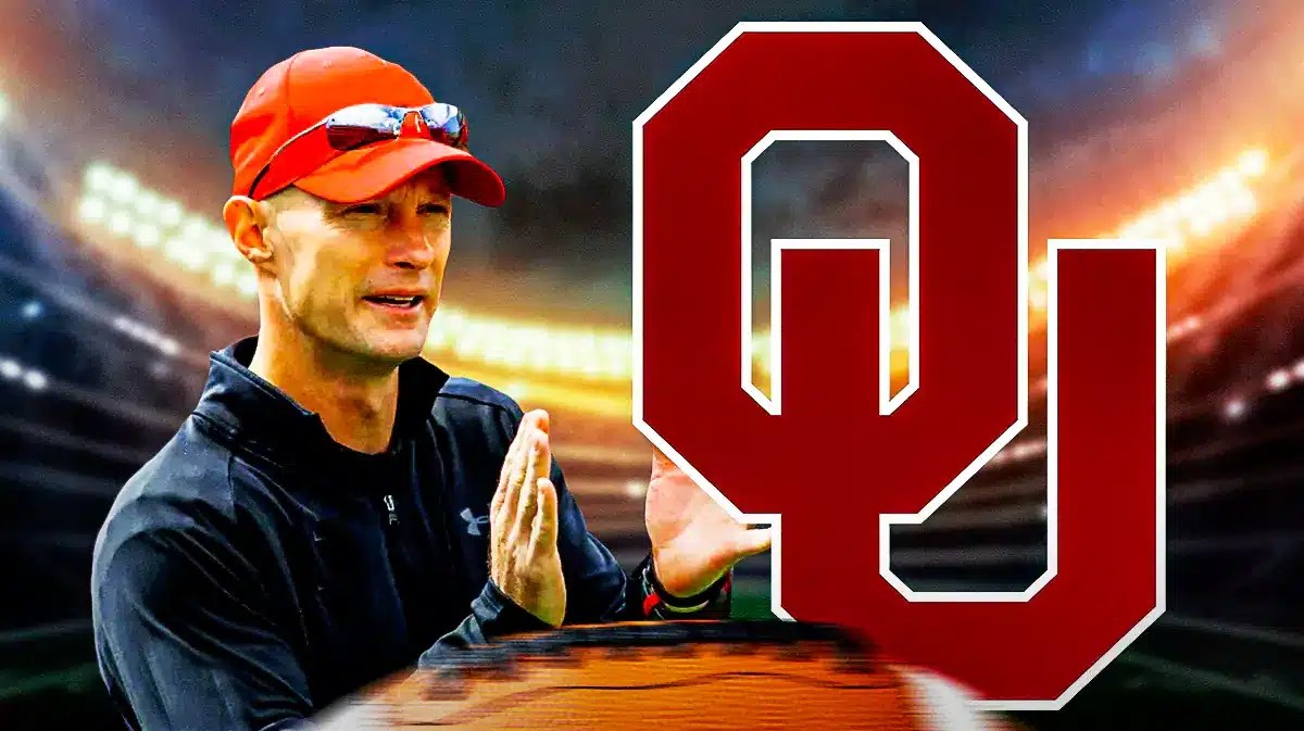 Oklahoma football logo with Kevin Johns on the left.