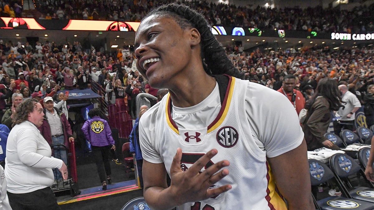 South Carolina guard MiLaysia Fulwiley celebrates with teammates after a win in the SEC tournament against Tennessee.