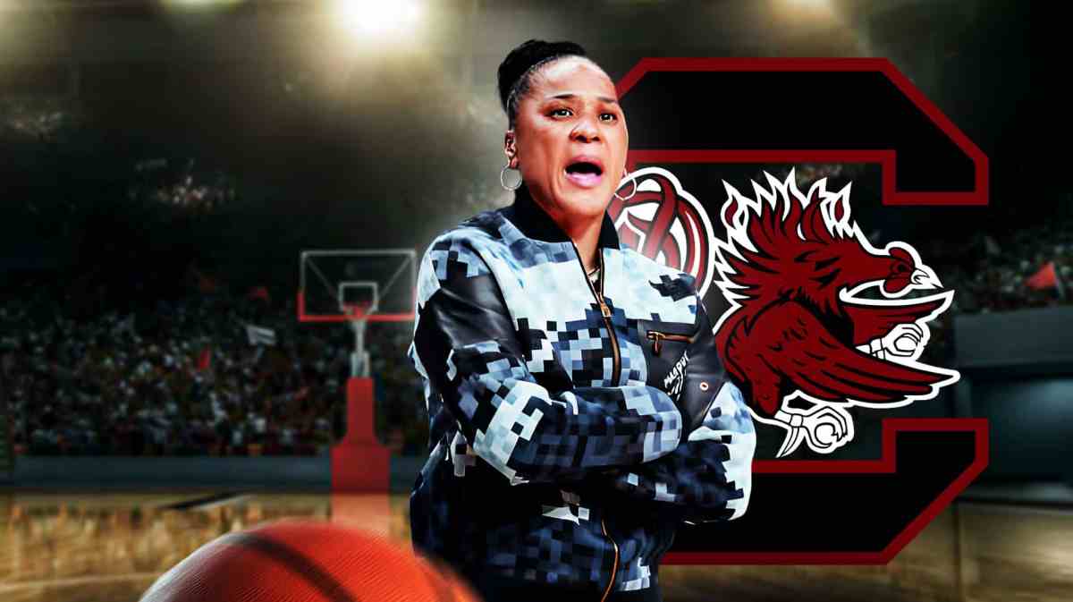 Dawn Staley with the South Carolina logo in the background, Indiana