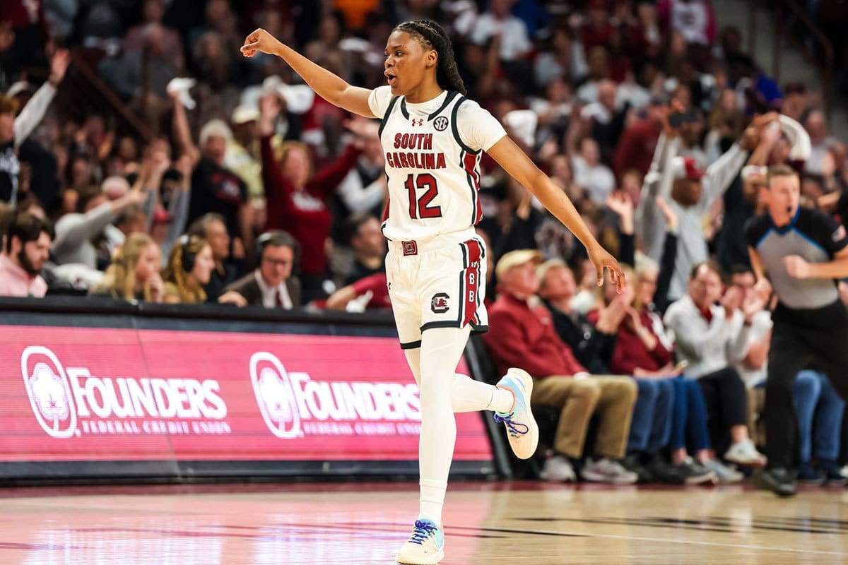  South Carolina Gamecocks guard MiLaysia Fulwiley (12) celebrates a three point basket against the Tennessee Lady Vols in the second half