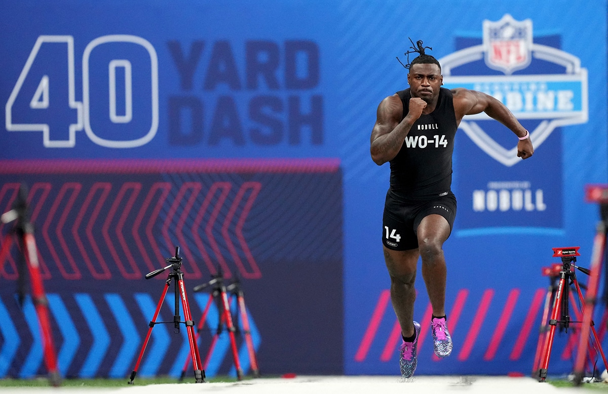 South Carolina wide receiver Xavier Legette (WO14) during the 2024 NFL Combine at Lucas Oil Stadium. 