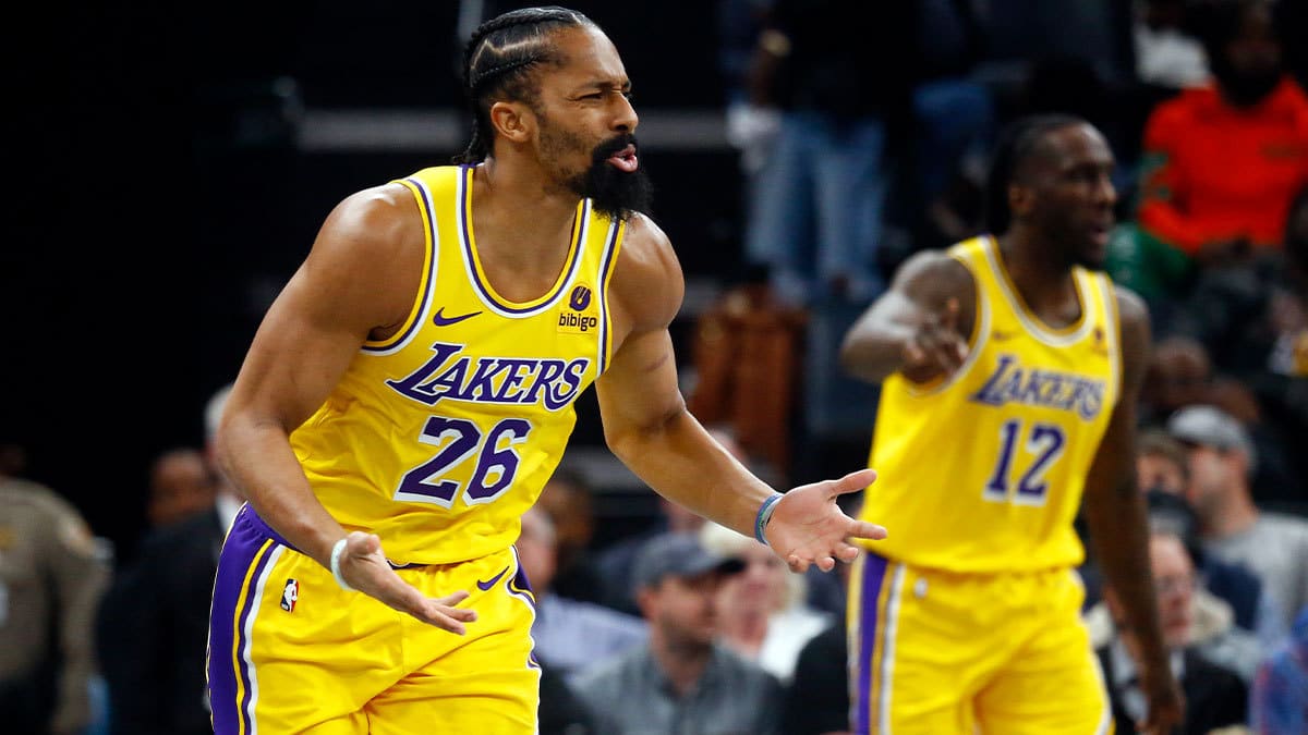 Los Angeles Lakers guard Spencer Dinwiddie (26) reacts during the second half against the Memphis Grizzlies at FedExForum. 
