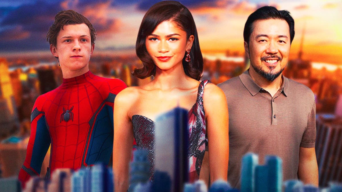 Tom Holland as MCU Spider-Man, Zendaya, and Fast and Furious director Justin Lin with New York City background.