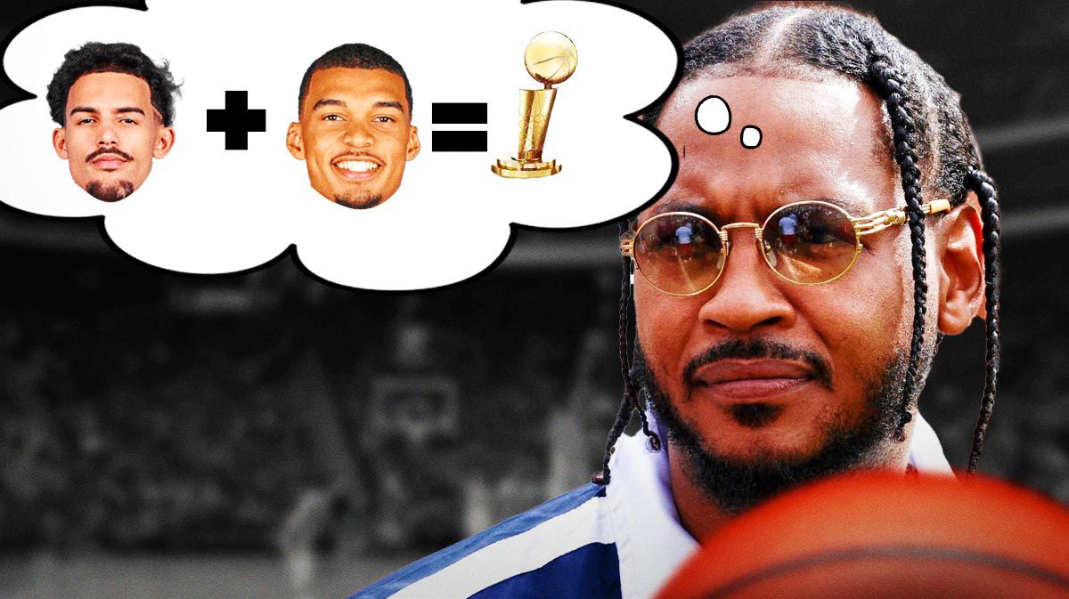 Carmelo Anthony with a thought bubble: in the thought bubble is an equation: head of Hawks' Trae Young + head of Spurs' Victor Wembanyama = Larry O’Brien trophy
