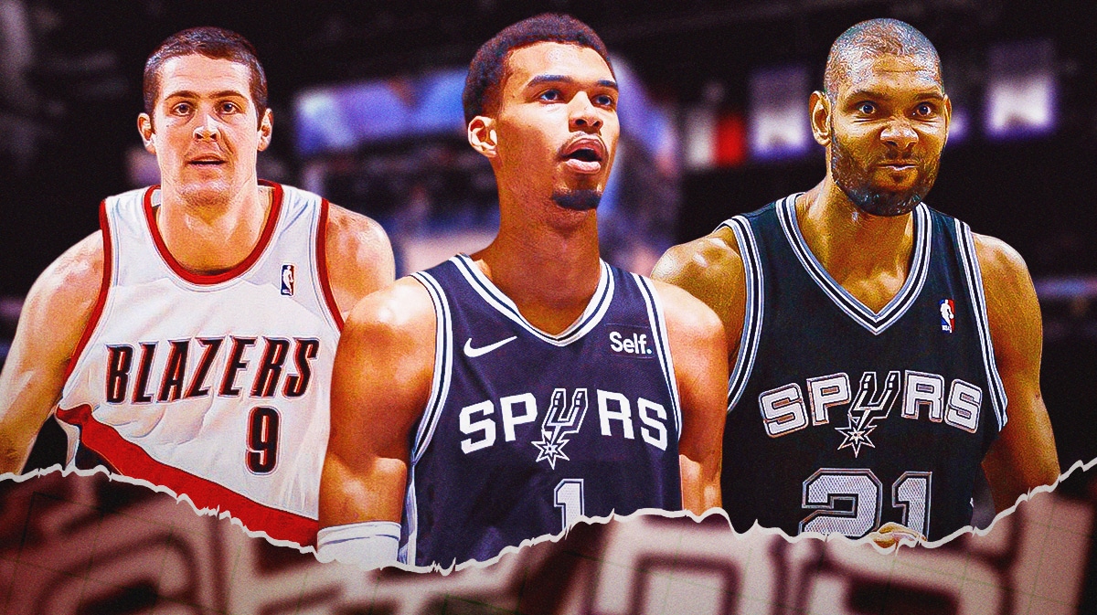 Victor Wembanyama in the middle of Rafe LaFrentz and Tim Duncan