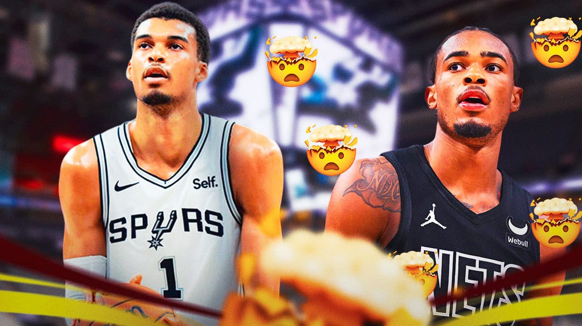 Photo: Nic Claxton with brain exploding emojis around him looking at Victor Wembanyama in action in Spurs jersey