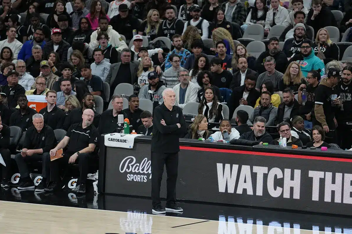 San Antonio Spurs head coach Gregg Popovich looks on in the second half against the Oklahoma City Thunder at Frost Bank Center. 