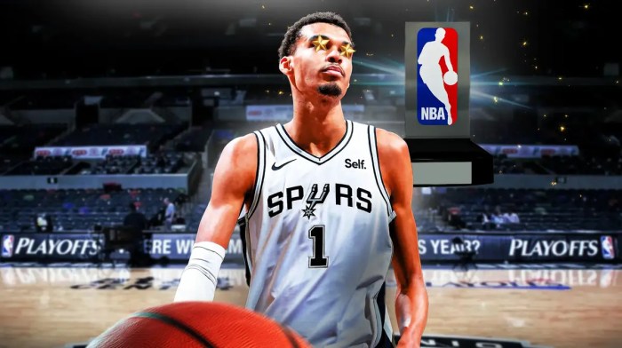 Spurs Victor Wembanyama with stars in his eyes looking at the NBA Rookie of the Year trophy
