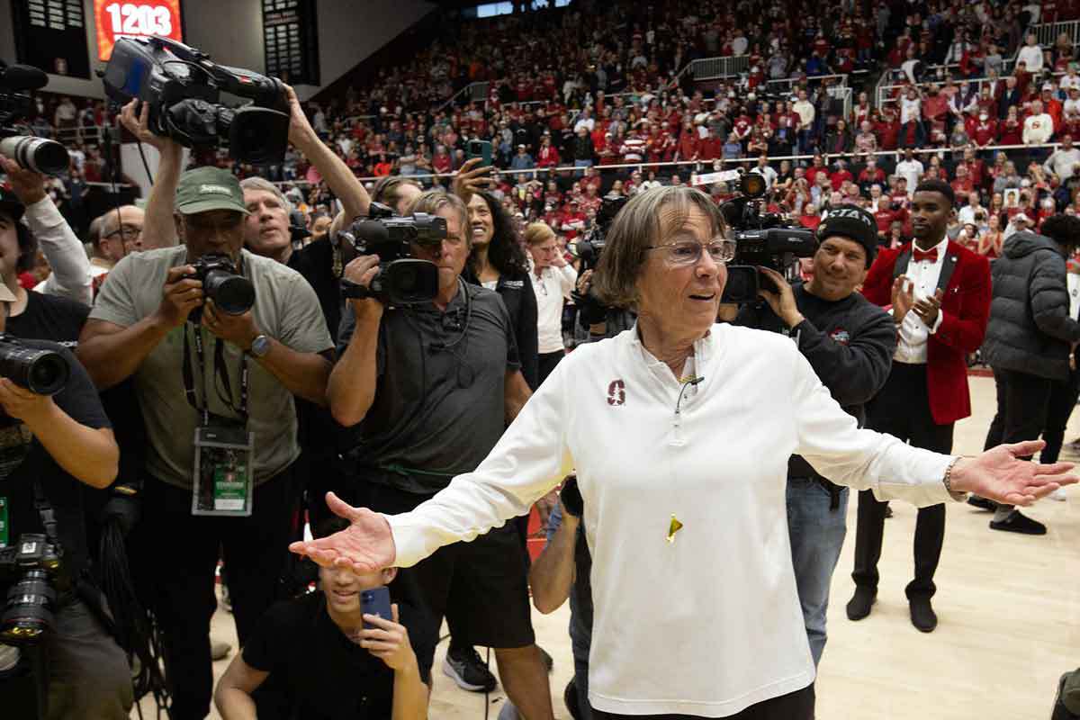 Stanford Cardinal head coach Tara VanDerveer reacts to winning her record 1,203rd collegiate coach win, a 65-56 victory over the Oregon State Beavers 