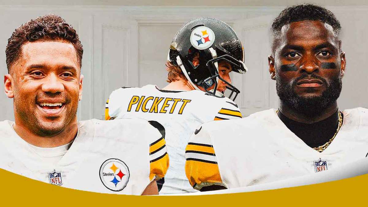 Photo: Russell Wilson smiling in Steelers jersey at Van Jefferson in Steelers jersey, in background, have Kenny Pickett walking out a door
