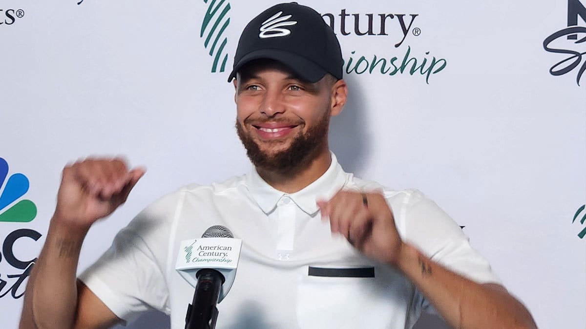 Steph Curry talks to the media Friday after taking the lead with 27 points in the American Century Championship celebrity golf tournament at Edgewood Tahoe.