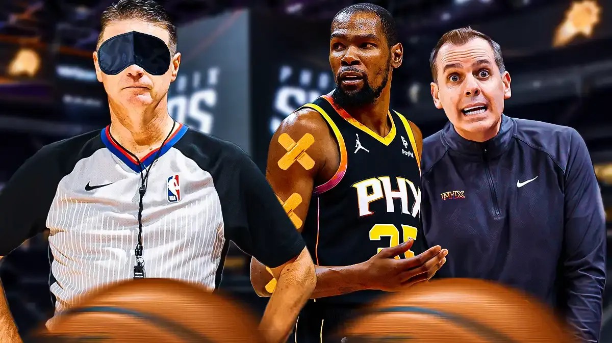 Suns' Frank Vogel and Kevin Durant angry, with many band-aids on Durant’s arms, with referee Pat Fraher with a blindfold on beside Vogel and Durant