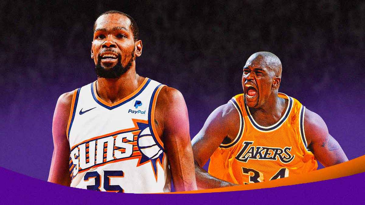 Suns' Kevin Durant smiling, with Shaquille O’Neal looking proud of Durant