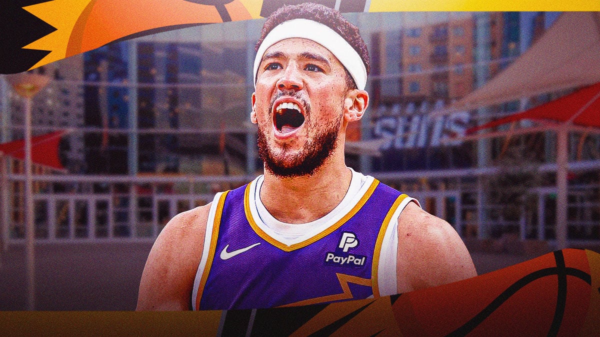 Devin Booker with the Suns arena in the background, injury