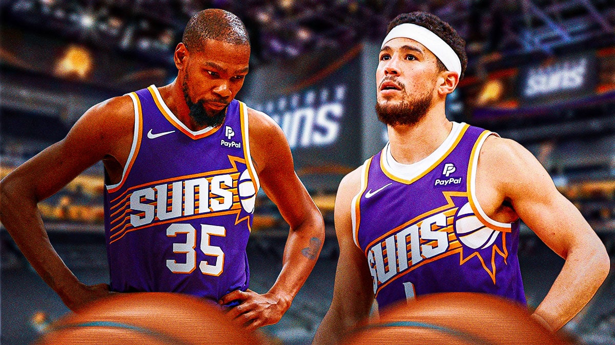 Suns, Celtics, Zach Lowe, Devin Booker, Kevin Durant, Kevin Durant and Devin Booker looking upset with Suns arena in the background