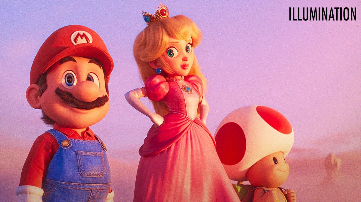Scene from The Super Mario Bros. movie and an Illumination logo.