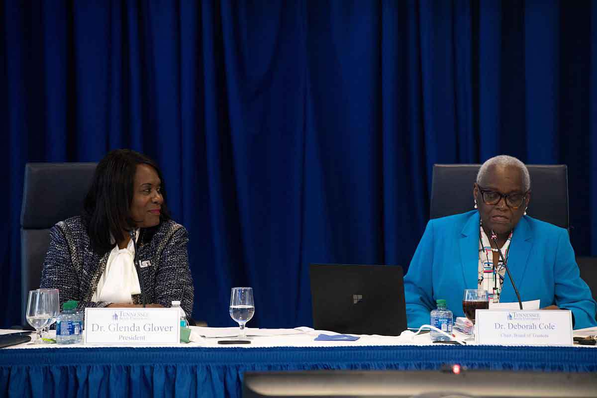 TSU President Glenda Glover and Deborah Cole as Cole speaks during the board's quarterly meeting at Tennessee State University.