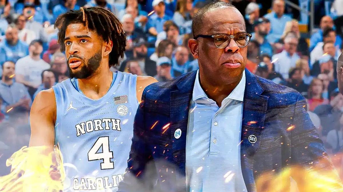 North Carolina basketball, NC State basketball, Tar Heels, Wolfpack, Hubert Davis, RJ Davis and Hubert Davis with North Carolina basketball arena in the background