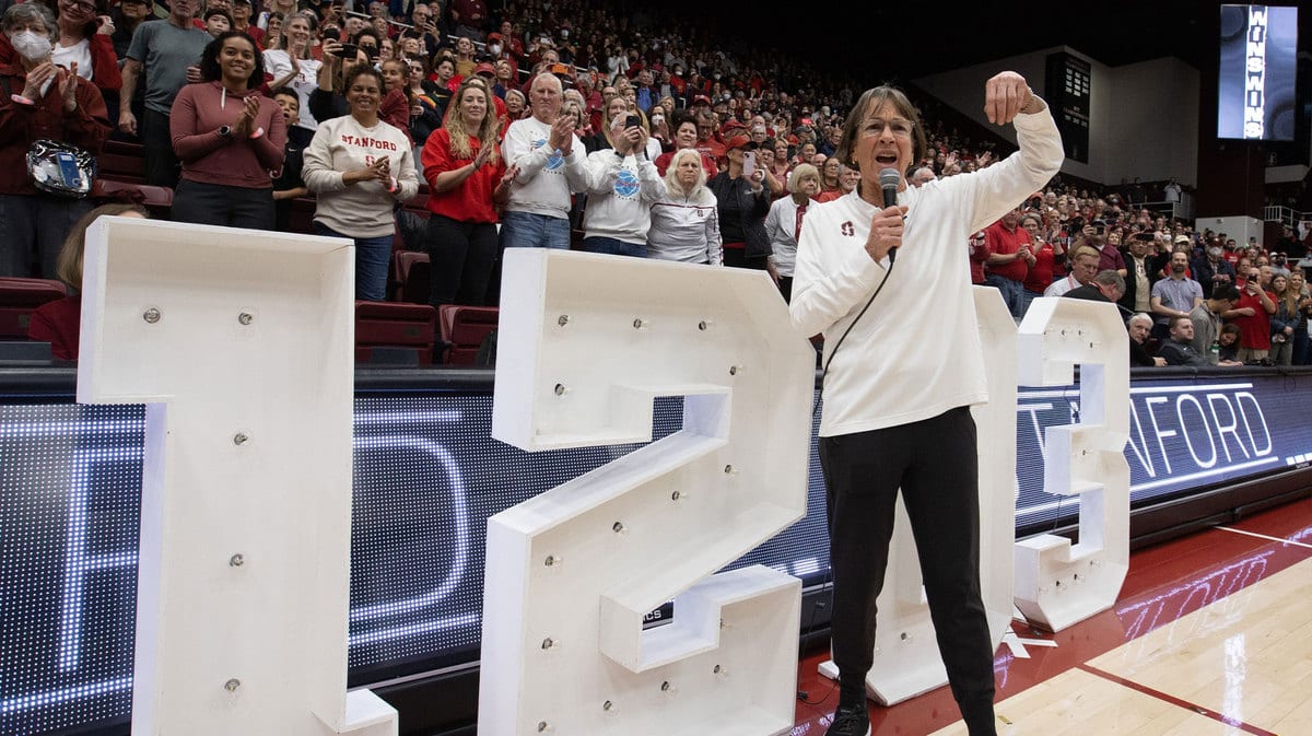 Stanford Cardinal head coach Tara VanDerveer addresses the crowd at Maples Pavilion following her record-setting 1,203rd collegiate coaching victory, a 65-56 win over the Oregon State Beavers.
