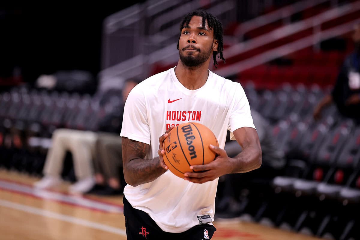 Houston Rockets forward Tari Eason (17) warms up prior to the game against the Phoenix Suns at Toyota Center. 