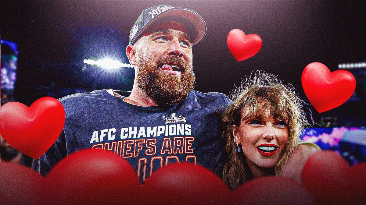 Taylor Swift and Travis Kelce with hearts