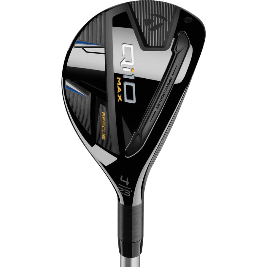 TaylorMade Qi10 MAX Rescue Hybrid on a white background.