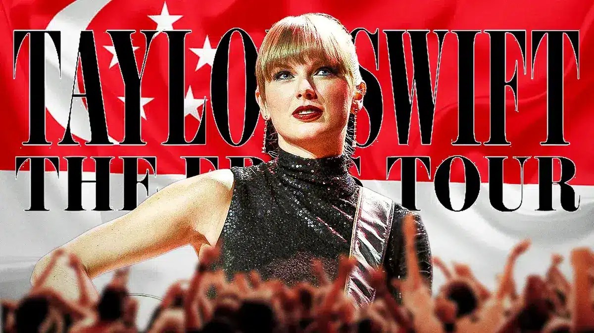 Taylor Swift with Eras Tour logo in front of Singapore flag.