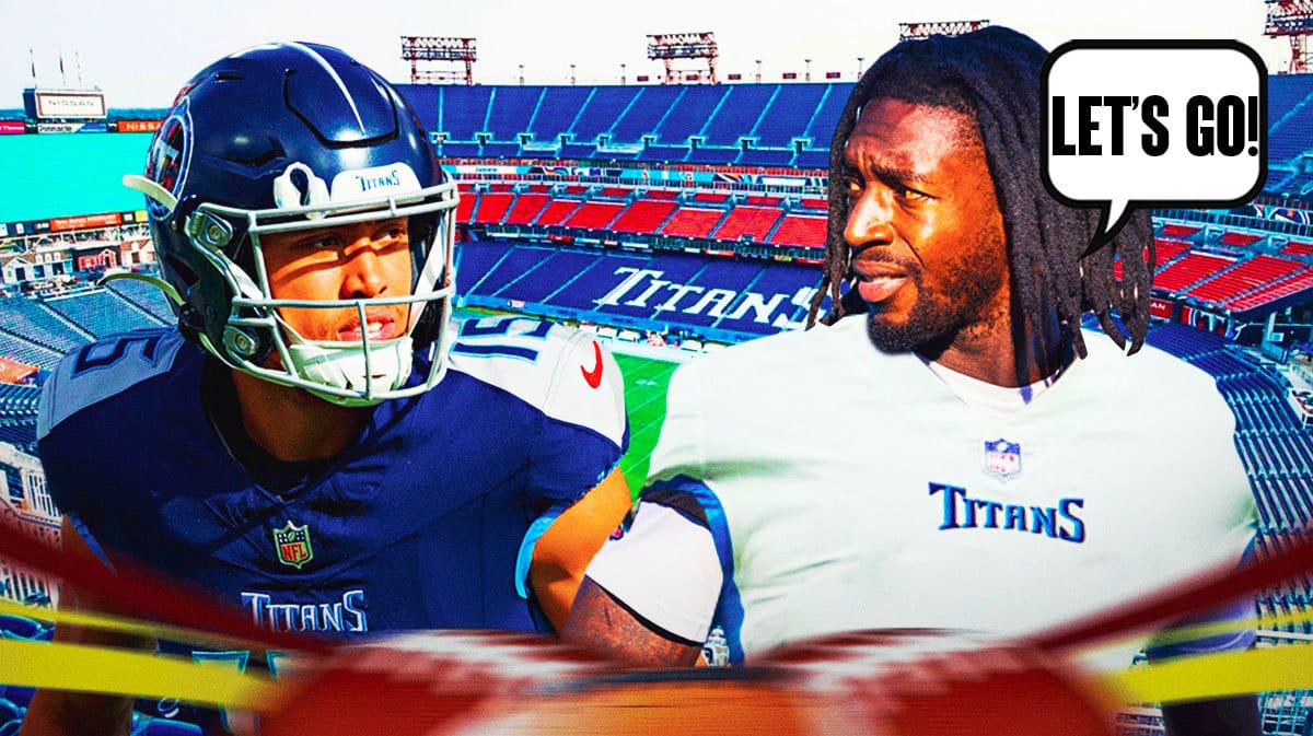 Nick Westbrook-Ikhine on one side, Calvin Ridley in a Tennessee Titans uniform on the other side with a speech bubble that says “Let’s go!”