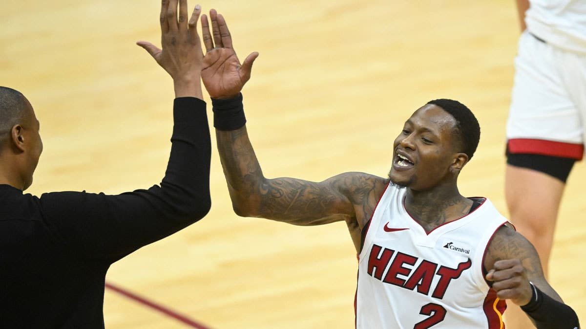 Miami Heat guard Terry Rozier (2) celebrates his three-point basket in the fourth quarter against the Cleveland Cavaliers at Rocket Mortgage FieldHouse.