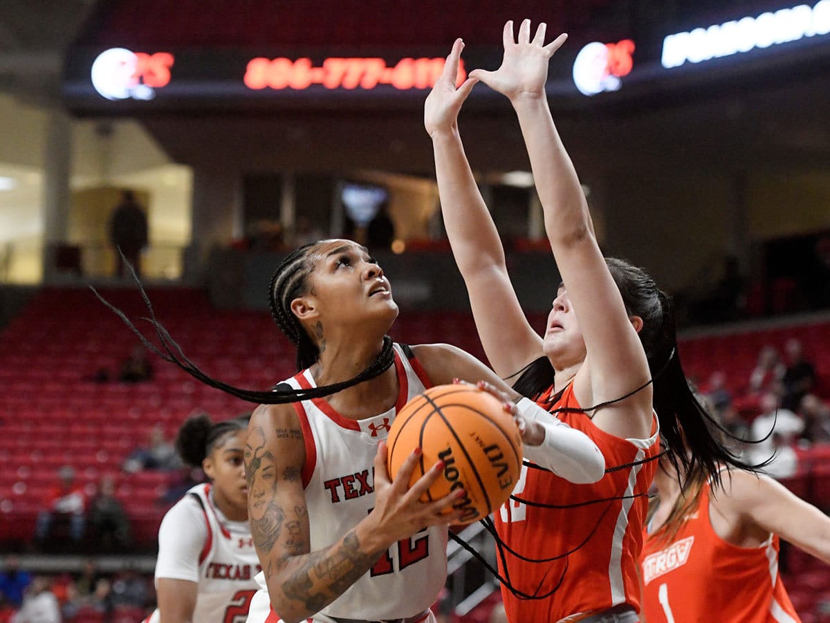Texas Tech's guard Jordyn Merritt (12) looks to shoot the ball against University of Texas Rio Grande Valley in the first home game of the season, Tuesday, Nov. 7, 2023, at the United Supermarkets Arena