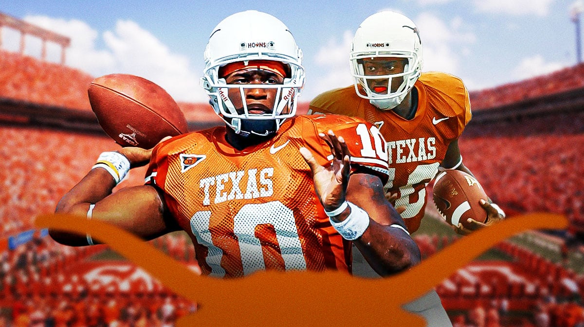 Texas football, Longhorns, Vince Young, Vince Young Texas, Sam Ehlinger, Vince Young in Texas uni with Texas football stadium in the background