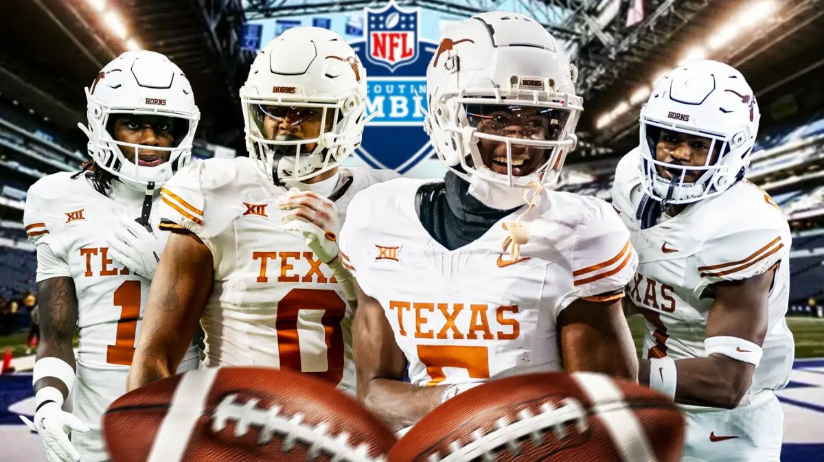Texas football, Longhorns, NFL Combine, Xavier Worthy, Texas football NFL Combine, Xavier Worthy, Adonai Mitchell, Ja'Tavion Sanders and Kelian Robinson in Texas unis and NFL Combine logo with Lucas Oil Stadium in the background