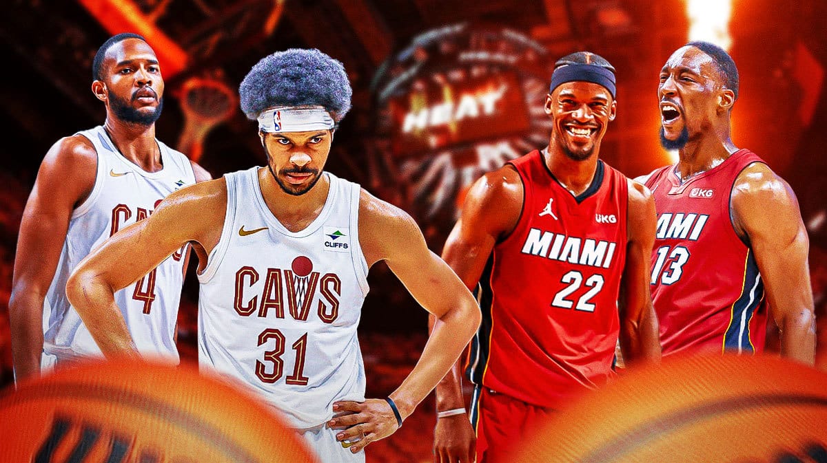 Cavs Evan Mobley, Jarrett Allen looking tired, sad next to Heat Jimmy Butler and Bam Adebayo smiling