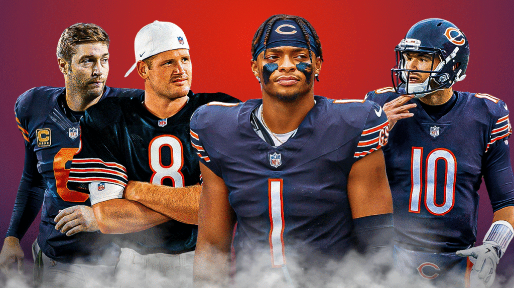 Chicago Bears quarterbacks Cade McNown, Jay Cutler, Mitchell Trubisky, and Justin Fields