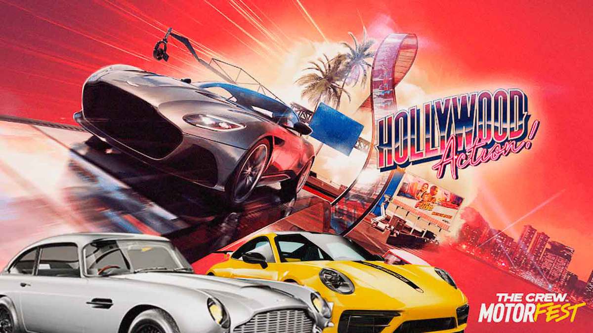 The Crew Motorfest key visual for Season 3 Hollywood Action with the Aston Martin DBS and the Porsche 911 on the foreground