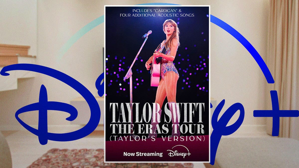 Taylor Swift: The Eras Tour poster and Disney+ logo with living room background.