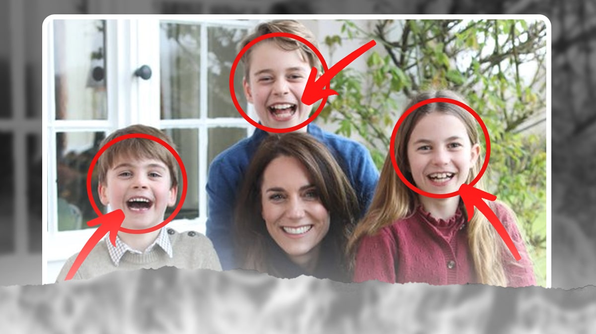 The pic Catherine posted to X/Twitter with red circles drawn around the three kids faces and red arrows pointing to their smiles
